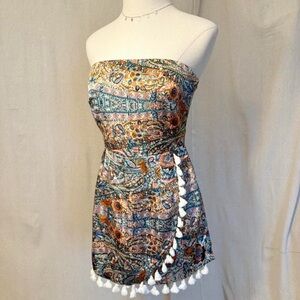 Lulus Strapless Boho Paisley Mini romper with Tassel Trim - Blue/Orange